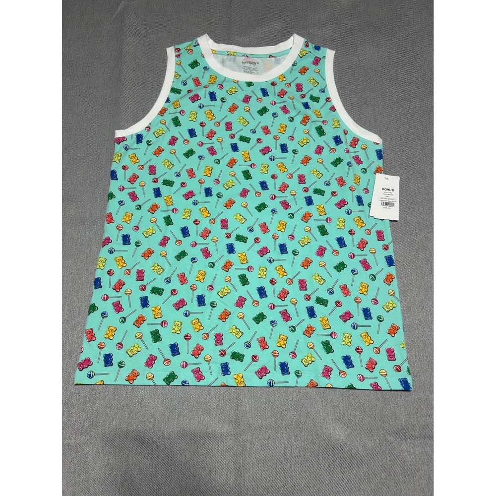 TomboyX Lounge Tank‎ Mens Small Teal Beary Sweet Gummy Bear Lollipop Print